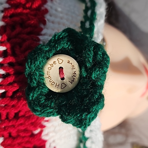 Hand Crafted Holiday Pom Pom Beanie Handmade white red and green floral detail - Picture 6 of 17